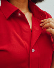 Load image into Gallery viewer, Female model is wearing red Magnetic T-shirt, features magnetic buttons for easy wear. Adaptive clothing by Dawn Adaptive that makes dressing up easier.