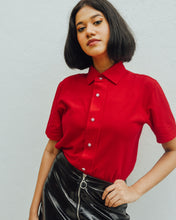 Load image into Gallery viewer, Female model is wearing red Magnetic T-shirt, features magnetic buttons for easy wear. Adaptive clothing that makes dressing up easier.