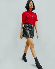 Load image into Gallery viewer, Female model is wearing red Magnetic T-shirt, features magnetic buttons for easy wear. Adaptive clothing by Dawn Adaptive that makes dressing up easier.